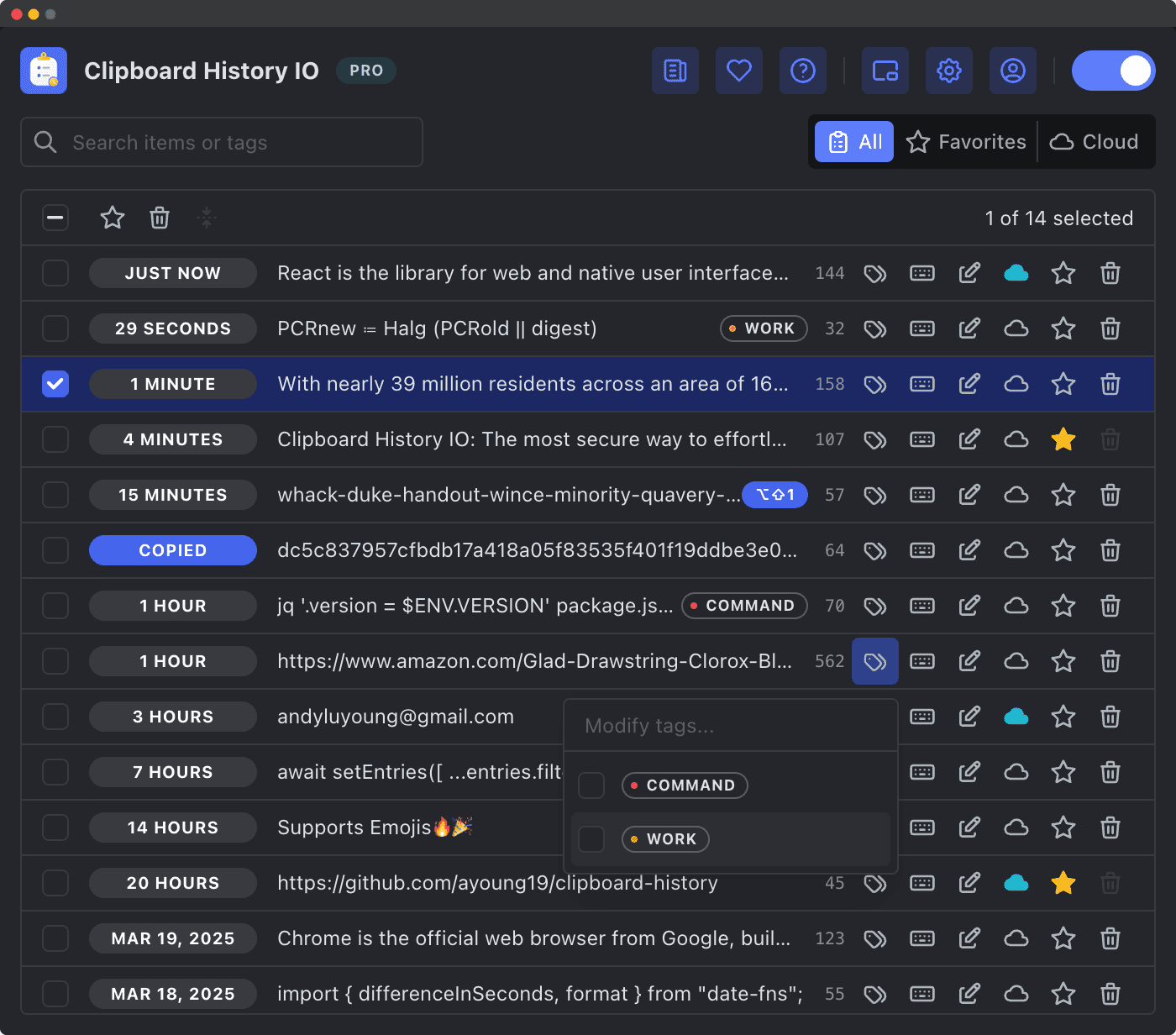 Clipboard History IO Dark Mode Screenshot